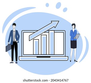 Business analytics.Risk assessment and business strategy development.People on the background of a laptop with charts and business data.Flat vector illustration.