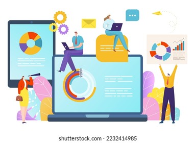 Business analyze statistic data information, tiny character people work infographic laptop flat vector illustration, isolated on white.