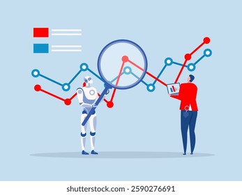 Business Analyze stock market,Robot with artificial intelligence holding magnifying glass  ai examining analytics concept. Vector illustration