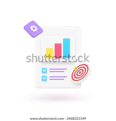Business analyzing complete bar graph diagram checklist checkmark report presentation 3d icon realistic vector illustration. Commercial management efficiency productivity control chart task done