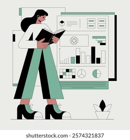 business analyzing data concept illustration. A woman is holding a book and standing in front of a computer monitor with graphs