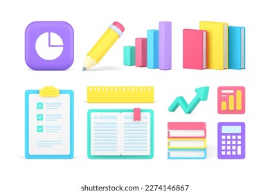 Business analyzing data financial accounting corporate statistic management set 3d icon realistic vector illustration. Finance information calculating marketing analysis book notepad chart diagram