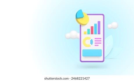 Gráfico de análisis de negocios diagrama de flujo de trabajo gráfico estadístico App de smartphone icono 3d Ilustración vectorial realista. Análisis Corporativa de la eficacia Optimización de la gestión de los resultados del proceso de trabajo