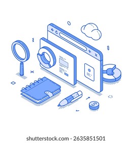 Business analyzing information statistic internet browser technology minimalist isometric vector illustration. Analytics and monitoring brainstorming diagram management marketing optimization