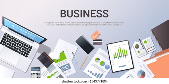 business analyzing planning documents graphs charts consulting research development project management concept top angle view workplace desktop office stuff horizontal copy space