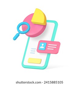 Análisis de negocio buscar información aplicación de smartphone Icono 3d ilustración vectorial realista. Gráfico de gestión de datos planificación de análisis de teléfonos móviles diagrama tecnología de inspección de cuentas