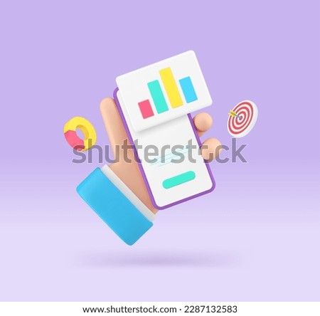 Business analyzing smartphone application data management chart planning 3d icon realistic vector illustration. Male hand holding mobile phone analytics diagram account inspection dashboard technology