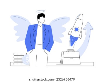 Ilustración vectorial de concepto abstracto de business angel. Un inversor ángel sonriente, una empresa de negocios, recaudar dinero, financiamiento para emprendimientos, ayuda financiera, metáfora abstracta de procesos de inversión.