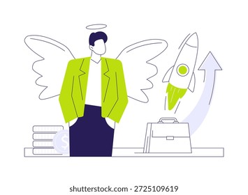 Business angel conceito abstrato vetor ilustração. Anjo sorridente investidor, empresa de negócios, levantar dinheiro, financiamento start-up, ajuda financeira, processo de investimento metáfora abstrata.