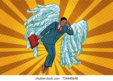 Business angel African businessman. Pop art retro vector illustration