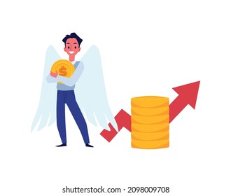 Business angel investor or sponsor character among money symbols, flat vector illustration isolated on white background. Business project capitalisation and investments.