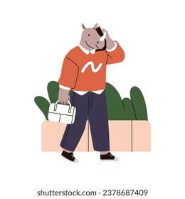 Business animal calling on mobile phone. Rhinoceros employee going to work, speaking on smartphone. Anthropomorphic rhino, office worker. Flat graphic vector illustration isolated on white background