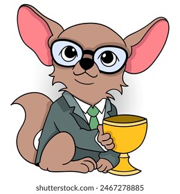 Business Tier Cartoon Doodle, Geschäftsmann Chihuahua Hund gewinnt den Best Employee Award Pokal