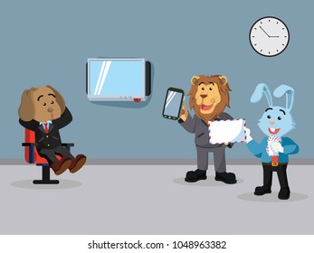 Business animal giving presentation report from communication media to their manager