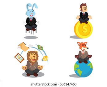 business animal meditating cartoon set
