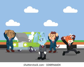 Business animal is panic because their car is stall and causing them late to go to work