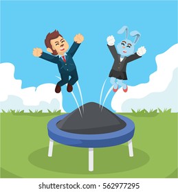 business animal playing with trampoline