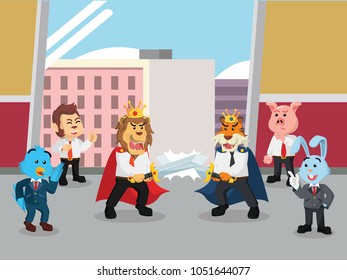 Business animal see their workmates playing knights and hold a battle while break time in the office