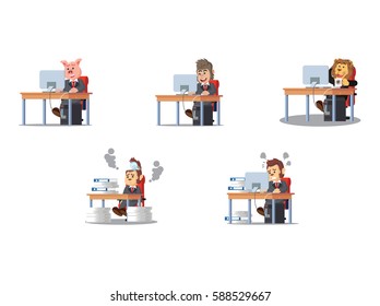 business animal working infront computer cartoon set