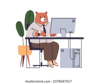 Business animal works at computer desk. Anthropomorphic bear, office worker sitting at table. Employee, executive manager at workplace, PC. Flat vector illustration isolated on white background