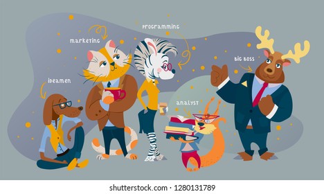 business animals characters team work. cat, zebra, squirrel, dog, elk 
