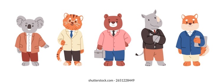 Animais de negócios, bonitos personagens selvagens definidos. Feliz urso de coala sorridente, tigre, rinoceronte em ternos profissionais. Funcionários de escritório engraçados, funcionários. Ilustração de vetor plana crianças isolada no fundo branco