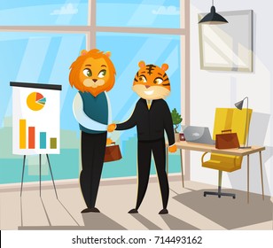 Business animals poster with cat and tiger shake hands after the concluded deal vector illustration