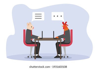 Business animals vector concept: Two business animals discussing while sitting together on the chair with laptops