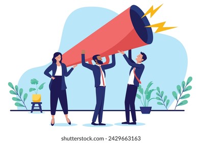 Business announcement - Businesspeople marketing with megaphone giving message and proclaiming statement shouting out loud together. Flat design vector illustration with white background