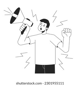 Business announcement bw concept vector spot illustration. Man shouting in megaphone 2D cartoon flat line monochromatic character for web UI design. Promotion editable isolated outline hero image