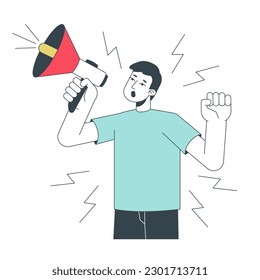 Business announcement flat line concept vector spot illustration. Man shouting in megaphone 2D cartoon outline character on white for web UI design. Promotion editable isolated colorful hero image