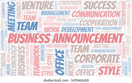 Business Announcement word cloud. Collage made with text only.