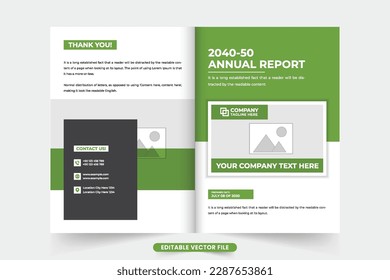Business annual report and portfolio cover template vector with green and dark colors. Modern business overview and profile cover design with photo placeholders. Corporate magazine and booklet cover.