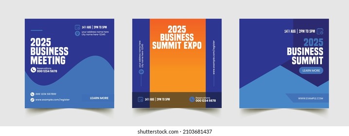 Business annual summit conference social media post template. Digital modern web banner design with blue background and abstract yellow shape