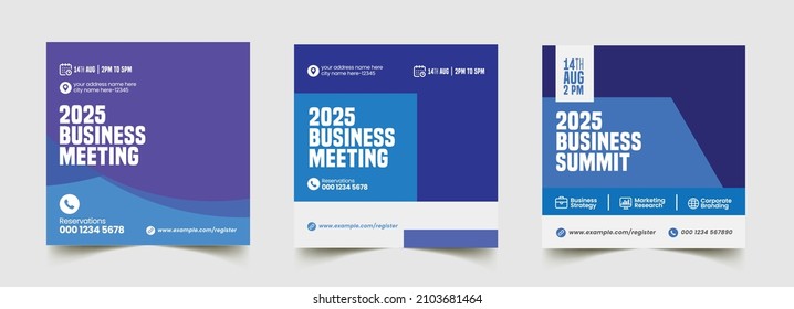 Business annual summit conference social media post template. Digital modern web banner design with blue background and abstract yellow shape