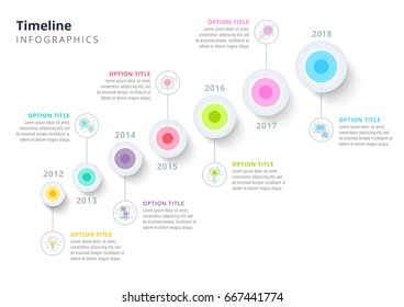 Escala de tiempo anual del negocio en infografías de círculos escalonados. Elementos gráficos de hitos corporativos. Plantilla de diapositiva de presentación de la empresa con períodos de año. Diseño moderno de líneas de tiempo de historial vectorial.