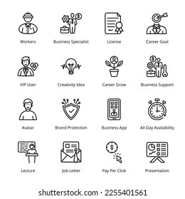 Business App, All Day Availability, Workers, Business Specialist, License, Career Goal, Avatar, Brand Protection, Lecture, Job Letter, Pay Per Click, Presentation, Outline Icons - Stroked, Vectors