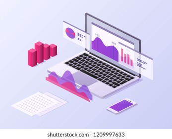 Business app isometric concept. 3d laptop and smartphone with data charts and statistics diagrams. Mobile technology vector background