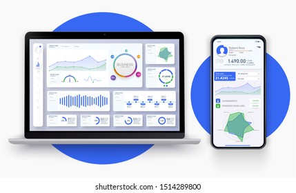 Business app UI/UX with graph and analytics. Web page banner for presentation. Business infographic template. Big data concept Dashboard user admin panel template design. Analytics admin dashboard.