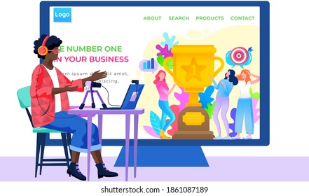 Business application Internet shop website layout. Online store landing page template. Pastime for entrepreneurs, chatting via the Internet. Paid program with statistics. Girl looks at the screen
