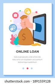 Business application layout. Program for online loans and deposits in the bank vector illustration. A hand from the phone holds a bag of money. Carrying out lendings of money via the Internet