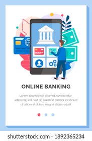 Diseño de aplicaciones empresariales. Programa para banca en línea y la ilustración vectorial plana de operaciones bancarias. Pantalla telefónica con un empresario, transfiriendo fondos y haciendo transacciones con dinero