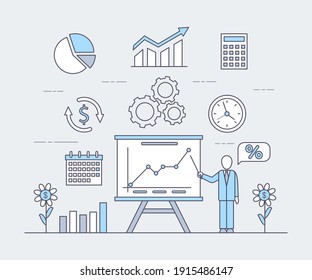 Business application vector cartoon outline illustration. Man with white desk showing rising graph, bar graphs, clock, coin flowers and calculator. Busy working process, business investment concept.