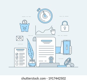 Ilustración de esquema de dibujos animados de vectores de aplicaciones empresariales. Documento de papel con sello, pluma, para hacer lista. Firma de contratos, trabajo en papel, proceso de trabajo ocupado, concepto de inversión empresarial.