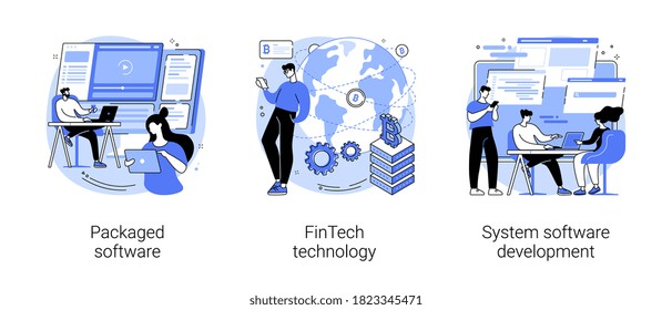 Business applications abstract concept vector illustration set. Packaged software, FinTech technology, system software development, payment processing, database system integration abstract metaphor.