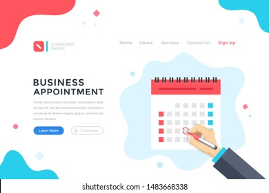 Business appointment. Meeting, schedule, event concept. Human hand mark the date on calendar. Modern flat design graphic elements for web banner, landing page template, website. Vector illustration