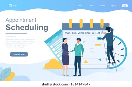 Business appointment scheduling and agenda concept with business team working from a calendar and shaking hands on a completed deal, colored vector illustration web page template