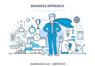 Business approach and project, control and time management, success in business, marketing, statistics, analysis, market research, start-up. Illustration thin line design of vector doodles