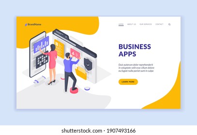 Business apps landing page banner template. Business people browsing modern apps. Man and woman using business apps on smartphone and computer. Isometric vector illustration