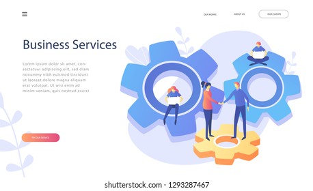 Business apps and services, Business man spin the gear, process improvement,Businesswoman and businessman shaking hands. . Modern vector illustration concepts for website, web page, presentation